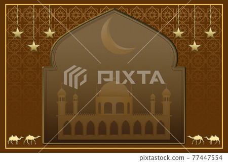 Beautiful orange Ramadan wallpaper featuring a camel, temple, and crescent moon, there is a space for your text.Illustration. Beautiful orange Ramadan wallpaper featuring a camel, temple, and crescent moon, there is a space for your text.Illustration. 77447554