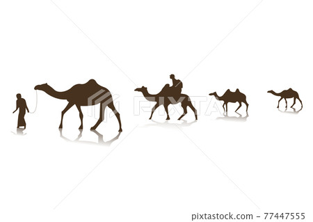 Pilgrim traveler with a herd of camels on white background. Concept illustrator Ramadan festival. 77447555