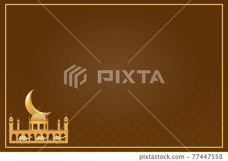 Beautiful orange Ramadan wallpaper featuring a camel, temple, and crescent moon, there is a space for your text.Illustration. 77447558
