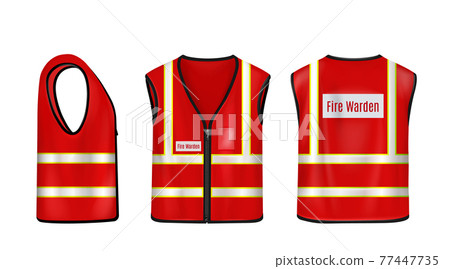 Fire warden safety vest front, side and back view 77447735