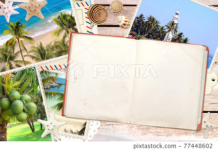 Vintage travel background with retro photos and old book 77448602