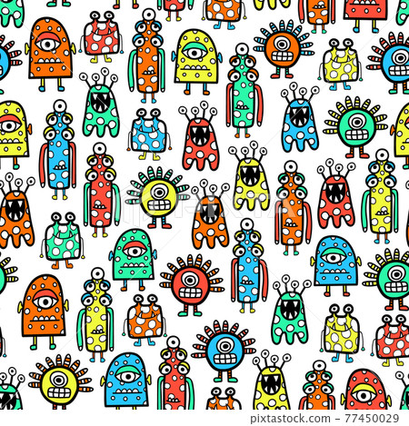 Seamless pattern cute monsters and aliens. Funny Childrens repeating vector background coloring book Seamless pattern cute monsters and aliens. Funny Childrens repeating vector background coloring book 77450029