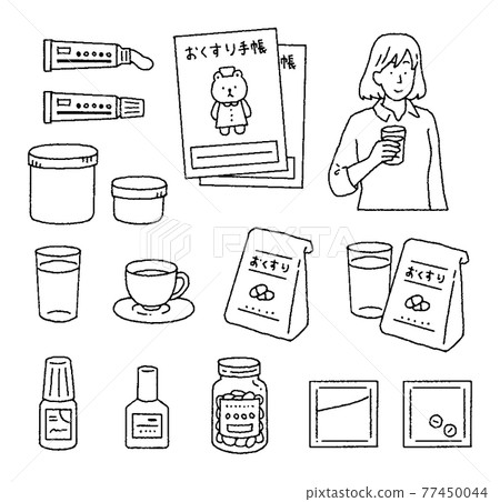 Illustration set of various medicines and women taking medicines 77450044
