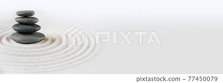 Zen japanese garden and black stones background. Horizontal banner 77450079