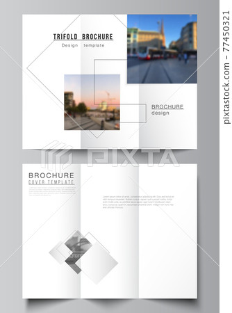 Vector layouts of covers design templates with geometric simple shapes, lines and photo place for trifold brochure, flyer layout, magazine, book design, brochure cover, advertising mockups. 77450321