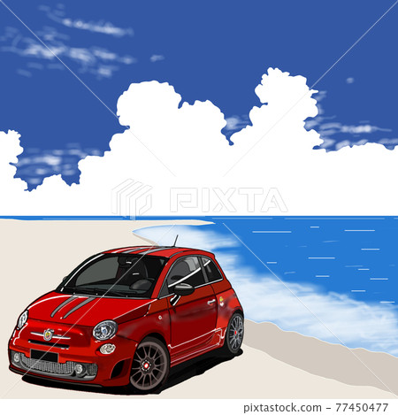 A red car driving on a sandy beach in the hot summer 77450477