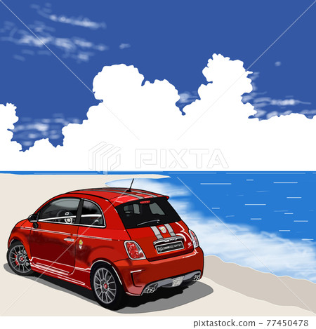 A red car driving on a sandy beach in the hot summer 77450478