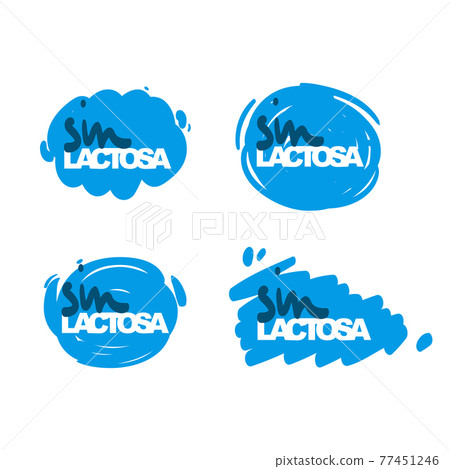 Sin lactosa lettering in Spanish translation is lactose free. Allergic food labels set isolated on white for Hispanics. 77451246