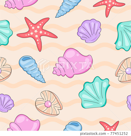 Doodle Seashells seamless pattern. seaside seamless pattern with sand and seashells. Shells, pearls, starfish, clam, horn snail. Hand drawn seashells pattern on the beach. Sand backdrop or background. 77451252