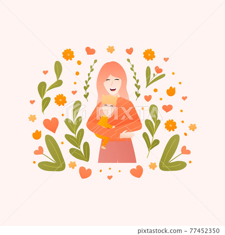 Mother cuddlong her daughter, flower elements around, spring theme for happy mothers day, motherhood 77452350
