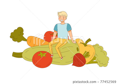 Blond Male Sitting on Pile of Huge Vegetables as Source of Vitamin and Energy Vector Illustration 77452569