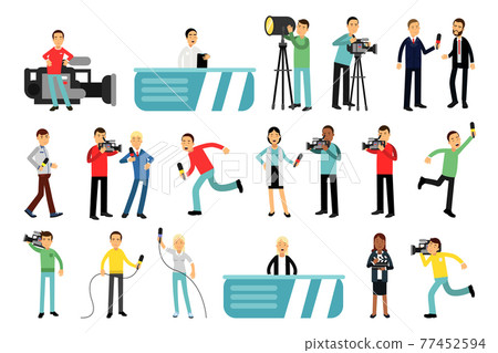 Man and Woman Character as Journalist or Reporter from Studio Broadcasting the News with Cameraman Filming Vector Illustration Set 77452594