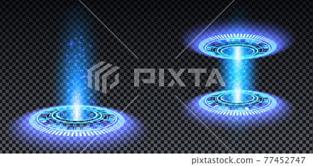 Blue hologram portal set. Magic fantasy portal. Magic circle teleport podium with hologram effect. Vector blue glow rays with sparks on transparent background. 77452747