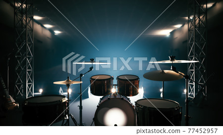 Close-up of a drum kit. Drum kit against the light. Drum set equipment in studio no people. Different musical instruments on a stage. 3d illustration Close-up of a drum kit. Drum kit against the light. Drum set equipment in studio no people. Different musical instruments on a stage. 3d illustration 77452957