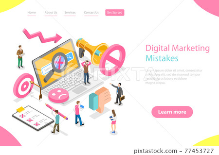 Isometric flat vector landing page template of digital marketing mistakes. Isometric flat vector landing page template of digital marketing mistakes. 77453727