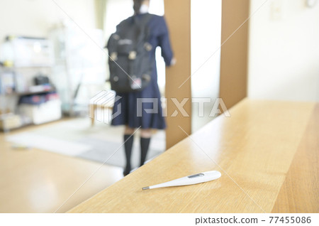 New normal school attendance scene (thermometer and student rear view) New normal school attendance scene (thermometer and student rear view) 77455086