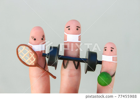 Fingers art of happy people in medical mask from COVID-2019. Concept of family in sports. Fingers art of happy people in medical mask from COVID-2019. Concept of family in sports. 77455988