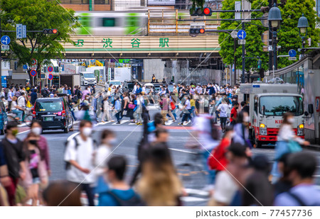 第三次宣言下的日本東京城市景觀。在澀谷，與電暈屠殺前相同的人數= 5月8日 77457736