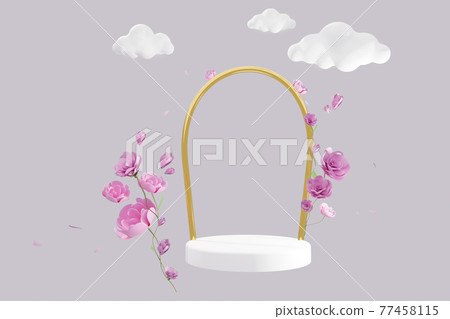 Abstract scene with geometrical podium and pink rose flowers 77458115