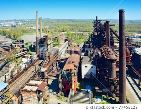 Aerial view of the old abandoned ironworks factory Aerial view of the old abandoned ironworks factory 77458122
