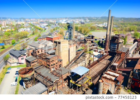 Tilt-shift ironworks factory, aerial view. 77458123