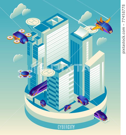 Cyber City of the future with land and air cyber transport illustration of isometric icons on isolated background Cyber City of the future with land and air cyber transport illustration of isometric icons on isolated background 77458778