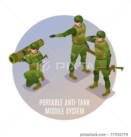 Portable Anti-Tank Missile System in action, Modern Army Soldiers illustration isometric icons on isolated background Portable Anti-Tank Missile System in action, Modern Army Soldiers illustration isometric icons on isolated background 77458779