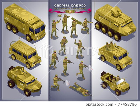 Special Forces Concept Poster collection with Soldiers and Military Vehicles set isometric icons on grey isolated background 77458780
