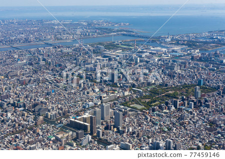 Aerial view from the sky above Kinshicho toward the mouth of Arakawa 77459146