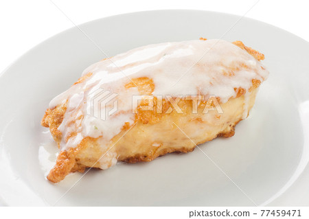 fried fish with sour cream sauce on a plate, white background fried fish with sour cream sauce on a plate, white background 77459471