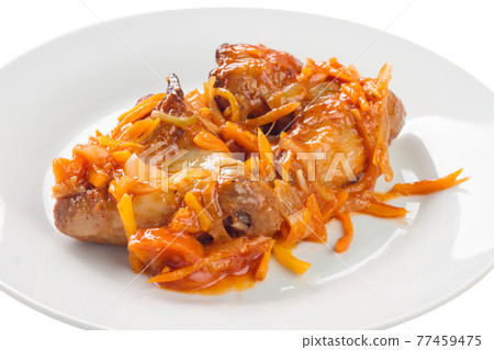 stewed chicken with carrots and onions on a plate, white background 77459475