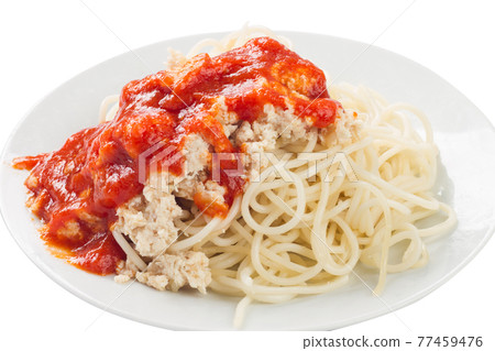 pasta, spaghetti with chicken and red sauce on a plate, white background pasta, spaghetti with chicken and red sauce on a plate, white background 77459476