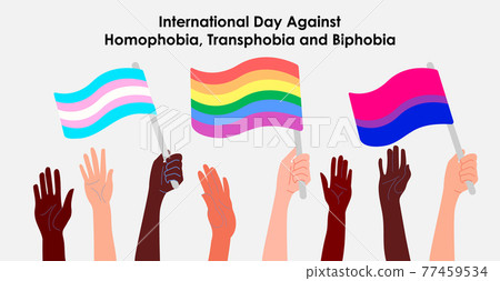 May 17 - The International Day Against Homophobia, Transphobia and Biphobia. Horizontal poster with different skin color hand with LGBTQ flags. Vector illustration in flat style. Eps 10. May 17 - The International Day Against Homophobia, Transphobia and Biphobia. Horizontal poster with different skin color hand with LGBTQ flags. Vector illustration in flat style. Eps 10. 77459534
