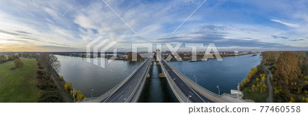 Aerial view of the Nibelungen Bridge in Worms with a view of the city gate Aerial view of the Nibelungen Bridge in Worms with a view of the city gate 77460558