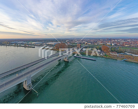 Aerial view of the Nibelungen Bridge in Worms with a view of the city gate Aerial view of the Nibelungen Bridge in Worms with a view of the city gate 77460709