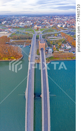Aerial view of the Nibelungen Bridge in Worms with a view of the city gate Aerial view of the Nibelungen Bridge in Worms with a view of the city gate 77460710