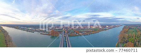 Aerial view of the Nibelungen Bridge in Worms with a view of the city gate Aerial view of the Nibelungen Bridge in Worms with a view of the city gate 77460711