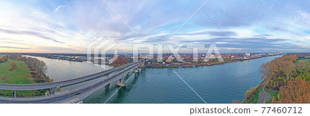 Aerial view of the Nibelungen Bridge in Worms with a view of the city gate Aerial view of the Nibelungen Bridge in Worms with a view of the city gate 77460712