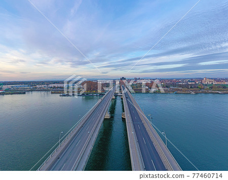 Aerial view of the Nibelungen Bridge in Worms with a view of the city gate Aerial view of the Nibelungen Bridge in Worms with a view of the city gate 77460714