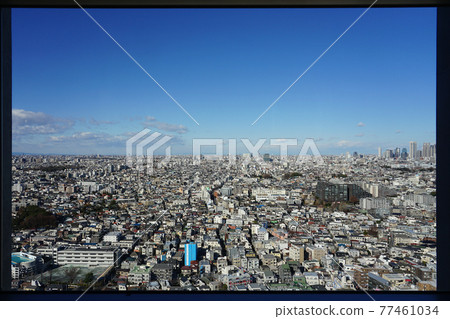 Tokyo cityscape seen from the window frame of Sangenjaya Carrot Tower 77461034