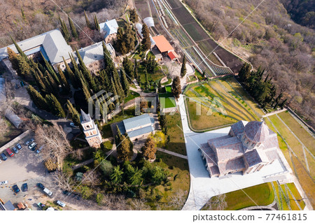Spring aerial view of Bodbe monastic complex on hillside, Georgia Spring aerial view of Bodbe monastic complex on hillside, Georgia 77461815