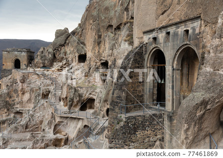 Vardzia cave monastery structures with temple of Assumption, Georgia 77461869