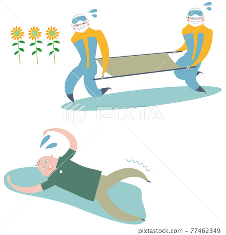 Illustration material of a senior who has collapsed due to heat stroke and a rescuer who runs on a stretcher Illustration material of a senior who has collapsed due to heat stroke and a rescuer who runs on a stretcher 77462349