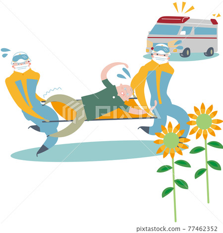Illustration material of a rescue team and an ambulance hurriedly transporting a senior emergency patient on a stretcher 77462352