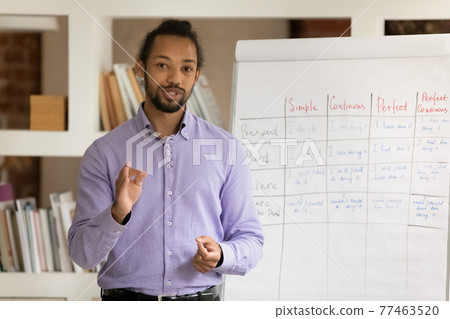Head shot portrait African American man teacher recording webinar, explaining Head shot portrait African American man teacher recording webinar, explaining 77463520
