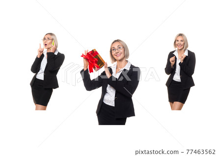 Collage, dreams come true concept. Attractive adult woman in formal wear with three different actions and emotions, talking, joying, receiving gift, isolated on white Collage, dreams come true concept. Attractive adult woman in formal wear with three different actions and emotions, talking, joying, receiving gift, isolated on white 77463562