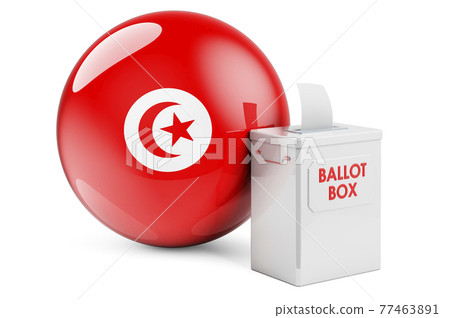 Ballot box with Tunisian flag. Election in Tunisia. 3D rendering Ballot box with Tunisian flag. Election in Tunisia. 3D rendering 77463891