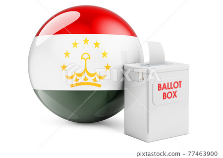 Ballot box with Tajik flag. Election in Tajikistan. 3D rendering Ballot box with Tajik flag. Election in Tajikistan. 3D rendering 77463900