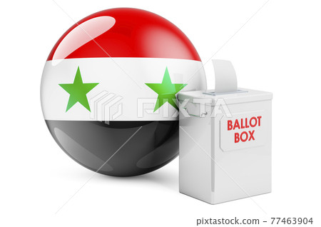 Ballot box with Syrian flag. Election in Syria. 3D rendering Ballot box with Syrian flag. Election in Syria. 3D rendering 77463904