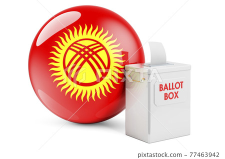 Ballot box with Kyrgyz flag. Election in Kyrgyzstan. 3D rendering Ballot box with Kyrgyz flag. Election in Kyrgyzstan. 3D rendering 77463942